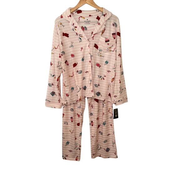 NWT Kate Spade NY XL Pink Striped Novelty Print Pajama Set Cozy Chic Loungewear - Picture 9 of 11